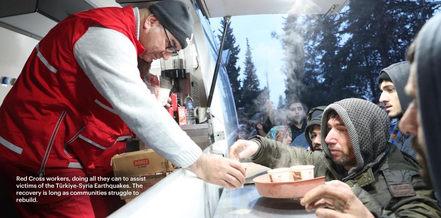 Red Cross workers, doing all they can to assist victims of the Türkiye-Syria Earthquakes. The recovery is long as communities struggle to rebuild.